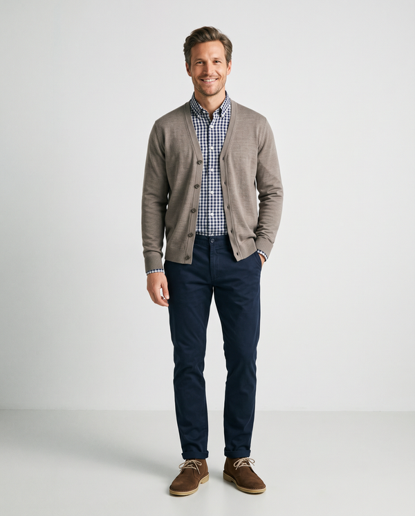 Herren Cardigans – Mann in Cardigan über Karohemd