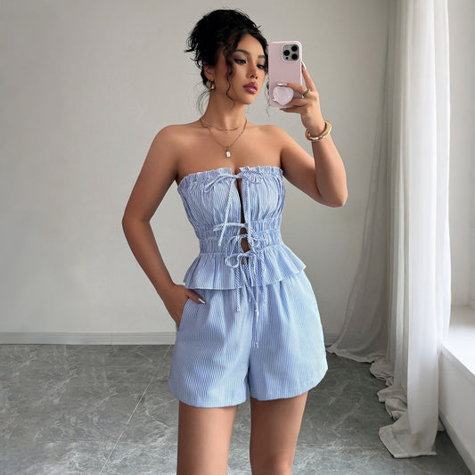Kurzes Baumwollset mit Schleife im Bandeau-Stil für Damen - Camila