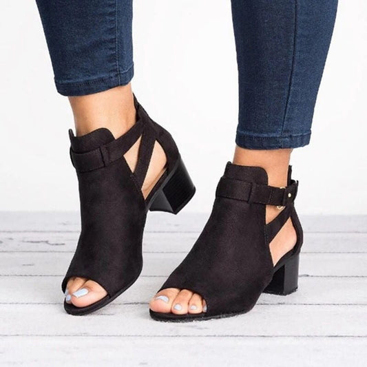 Damenstiefel aus synthetischem Wildleder mit Öffnung vorne und Blockabsatz - Mireia