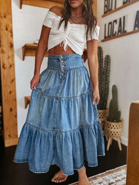 Langer Jeansrock mit Rüschen im Bohème-Stil für Frauen - Alaya