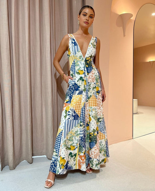 Holly - Lemonade Print Langes Kleid mit Spitzenbesatz