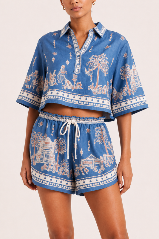 Boho-Set für Damen mit gemusterter Bluse und Shorts – Valeria
