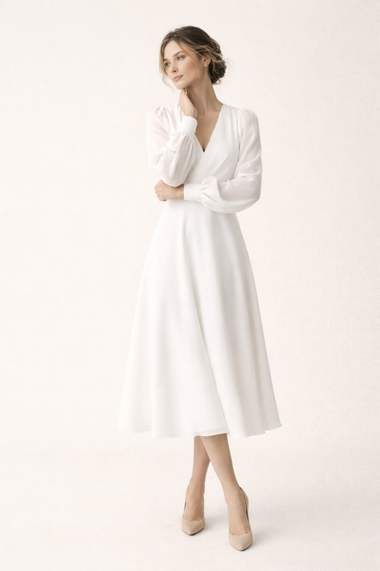 Langes Kleid mit V-Ausschnitt und langen Puffärmeln - Elsa