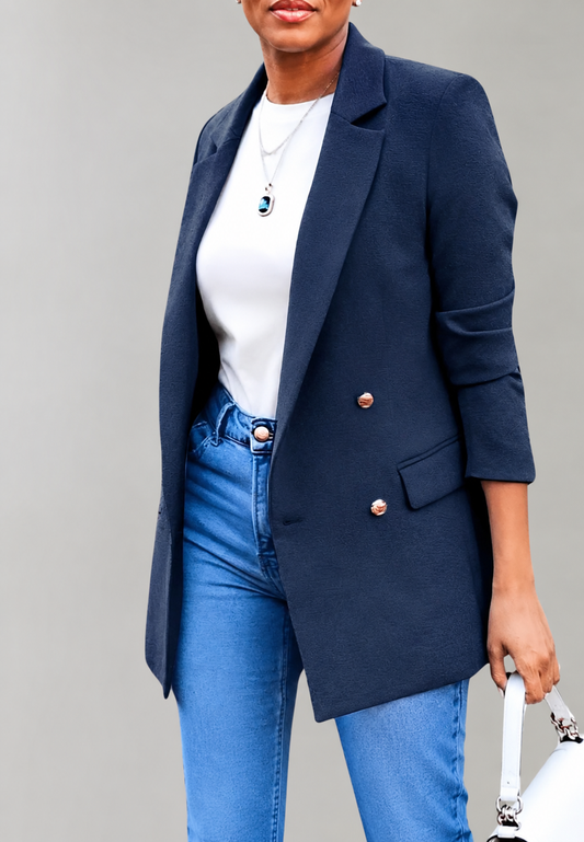 Langer Damenblazer mit doppelter Knopfleiste und Revers – Greta