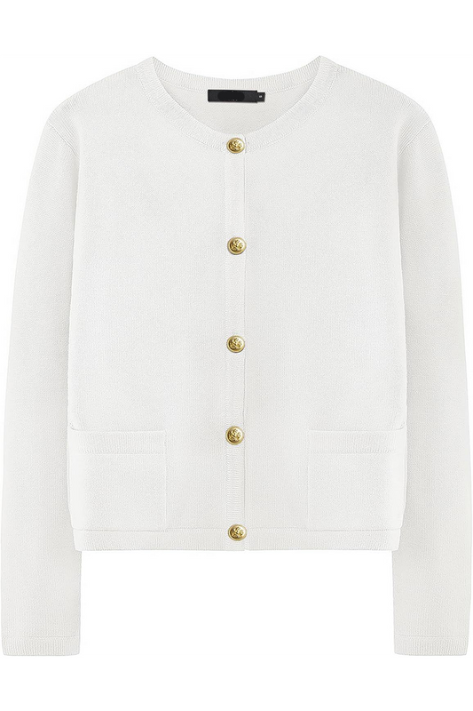 Damen-Strickjacke mit Rundhalsausschnitt, Knöpfen und Taschen – Sorelia