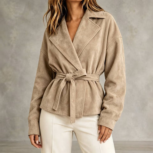 Kurze Damenjacke in Wildlederoptik mit Gürtel und Revers – Valérie