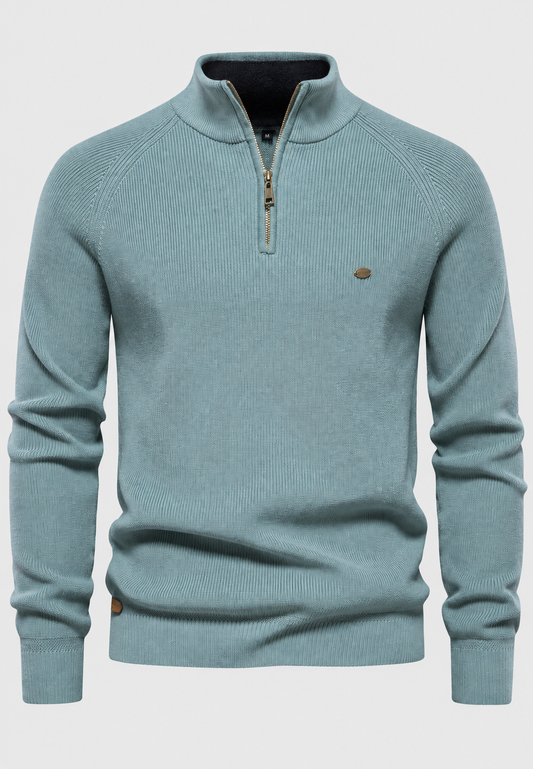 Herrenpullover mit halbem Reißverschluss, Stehkragen und Raglanärmeln – Leif