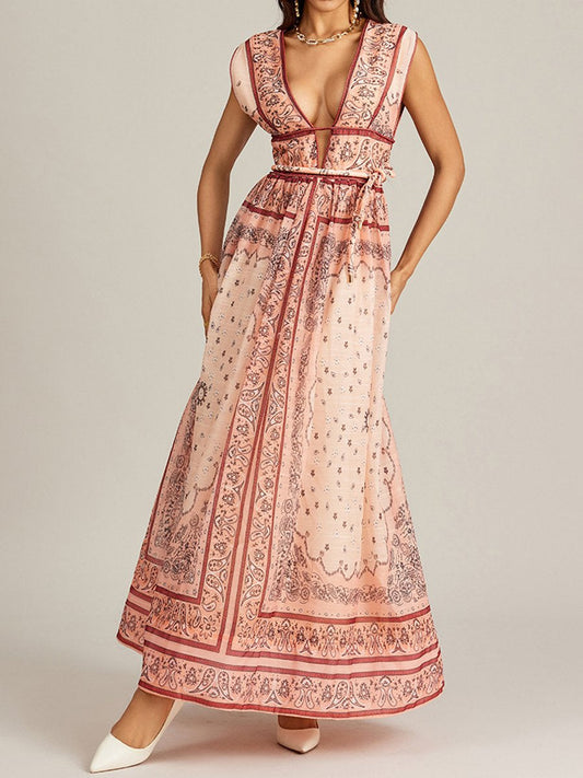 Cora - Vintage Bedrucktes Ärmelloses Langes Kleid mit tiefem V-Ausschnitt