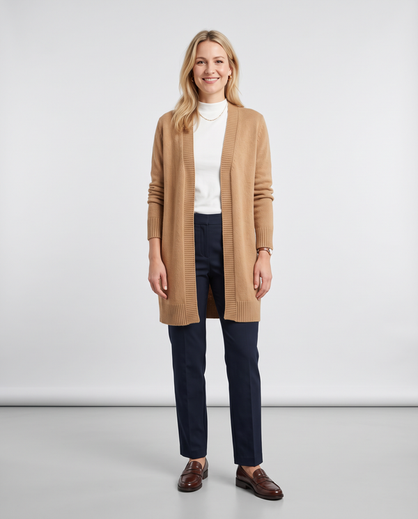 Damen Cardigans – Frau im langen Camel-Cardigan
