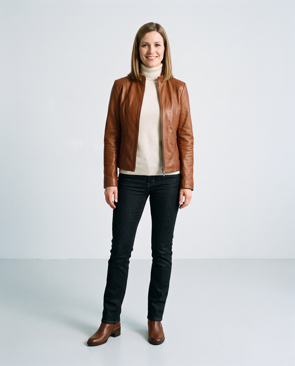 Damen Lederjacken – Frau in cognacfarbener Lederjacke
