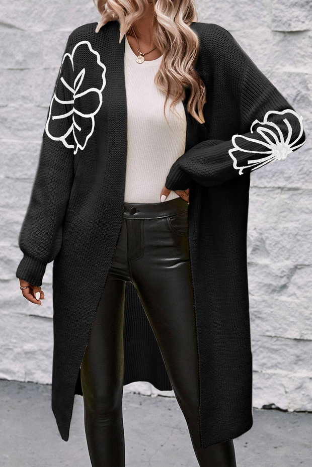 Arleth - Offene schulterfreie Duster-Strickjacke mit Blumenstickerei