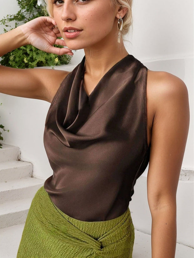 Damen ärmellose Bluse Satin drapiert Halsausschnitt braun - Loren