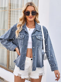 Jeansjacke im Used-Look mit Perlendetails und langen Ärmeln