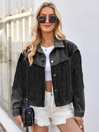 Jeansjacke im Used-Look mit Fransen und langen Ärmeln