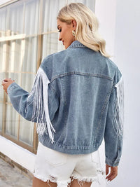 Jeansjacke im Used-Look mit Fransen und langen Ärmeln
