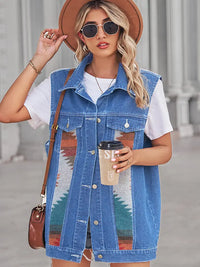 Jeansweste mit Patchwork, geometrischem Muster und Knopfverschluss