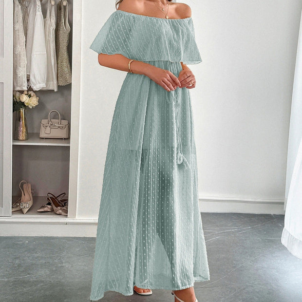Langes Kleid aus Plumeti-Chiffon mit fließendem Bootsausschnitt - Noelia