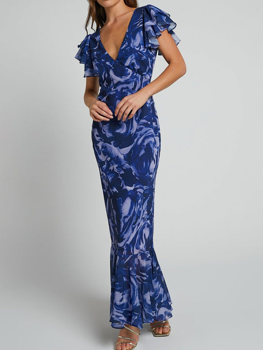 Sarah - Bedrucktes Maxikleid aus Chiffon mit V-Ausschnitt