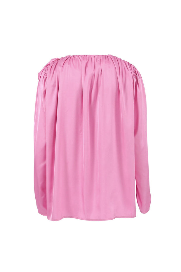 Victoria - Rosafarbene Bluse mit gerafftem V-Ausschnitt und floraler Spitze