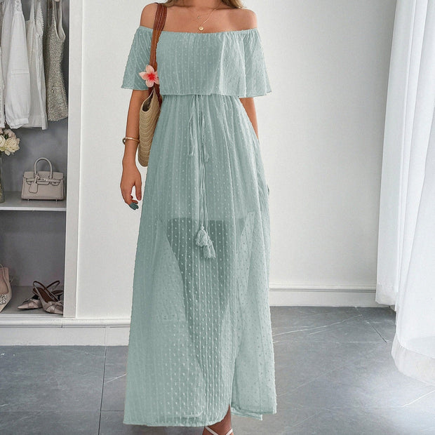 Langes Kleid aus Plumeti-Chiffon mit fließendem Bootsausschnitt - Noelia