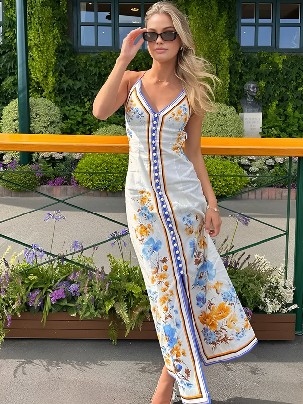 Keira - Lässiges langes Kleid mit Blumenmuster und Halfter