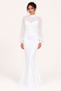 Elegantes zweiteiliges langes Damenkleid mit transparenten Ärmeln – Hellblau