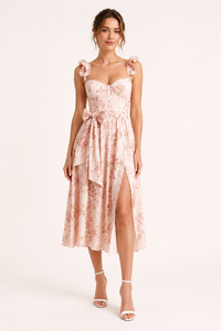 Damen Midikleid mit Blumendruck Korsett Seitenschlitz - Käthe