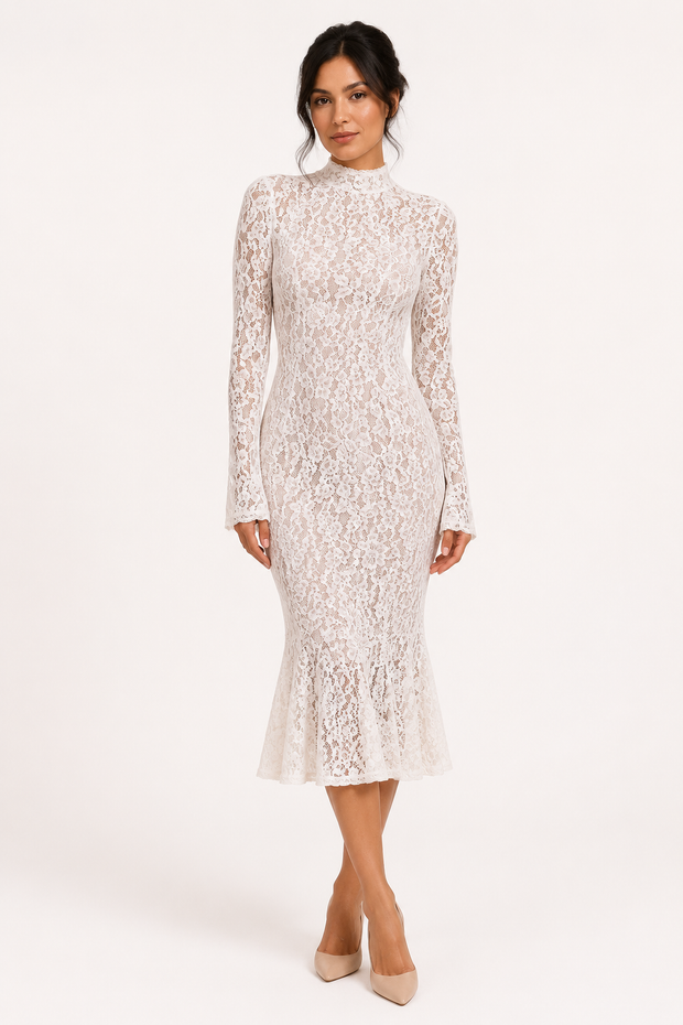 Elegantes Midi-Kleid aus Spitze für Damen mit hohem Kragen – Samara