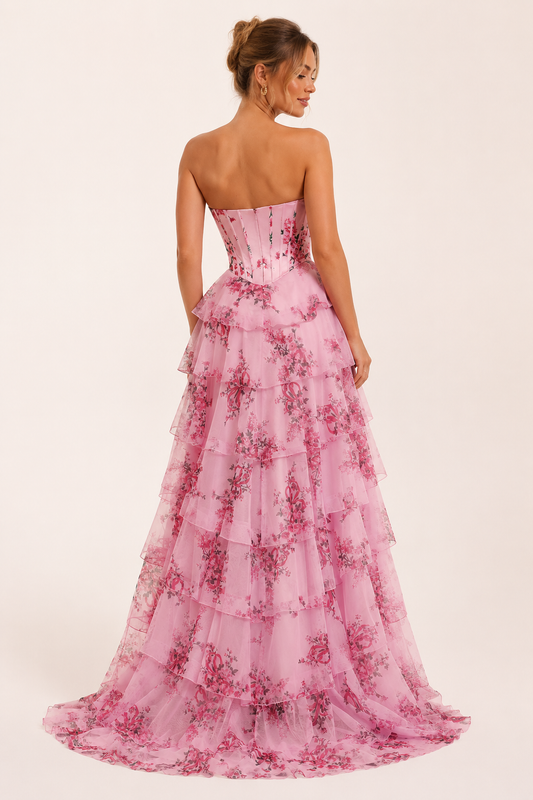 Langes Kleid mit Blumendruck Korsett - Elira