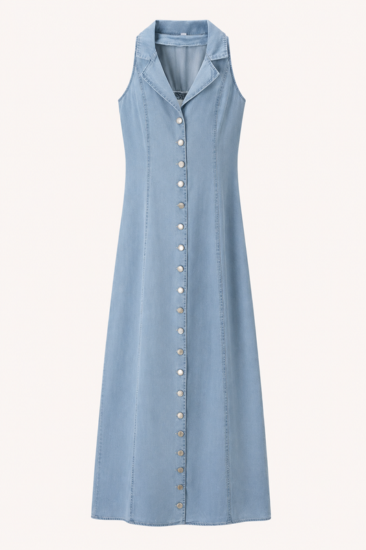 Langes ärmelloses Denim-Kleid mit Knopfleiste - Elara