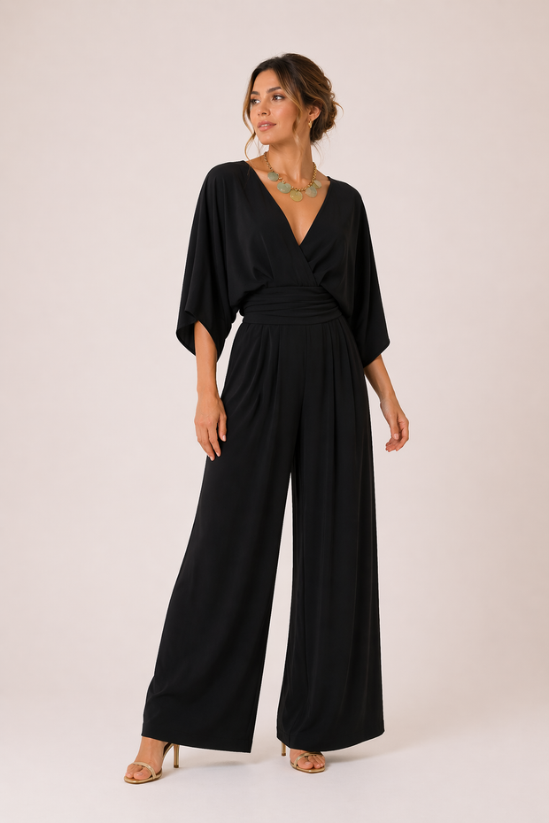 Langer Damen Jumpsuit mit weiten Ärmeln und überkreuztem Ausschnitt - Karime