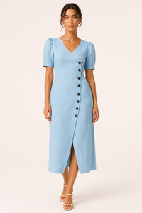 Midi-Kleid für Damen mit V-Ausschnitt und Knöpfen – Gisela