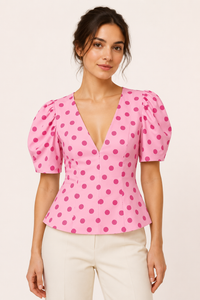 Damenbluse mit V-Ausschnitt, Polka-Dots und Puffärmeln – Romy