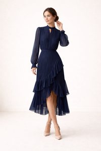 Midikleid mit Plissee, lange Ärmel, femininer Schnitt - Anika