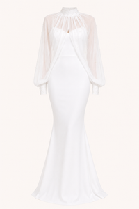 Elegantes zweiteiliges langes Damenkleid mit transparenten Ärmeln – Hellblau
