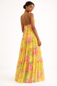 Langes Damenkleid mit dünnen Trägern und geblümtem Rock - Lirena