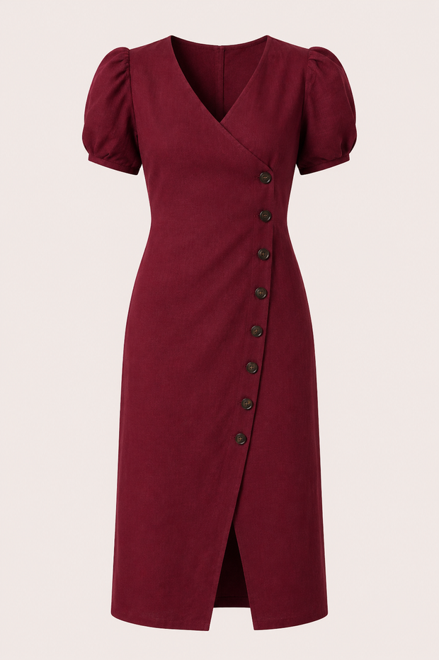 Midi-Kleid für Damen mit V-Ausschnitt und Knöpfen – Gisela