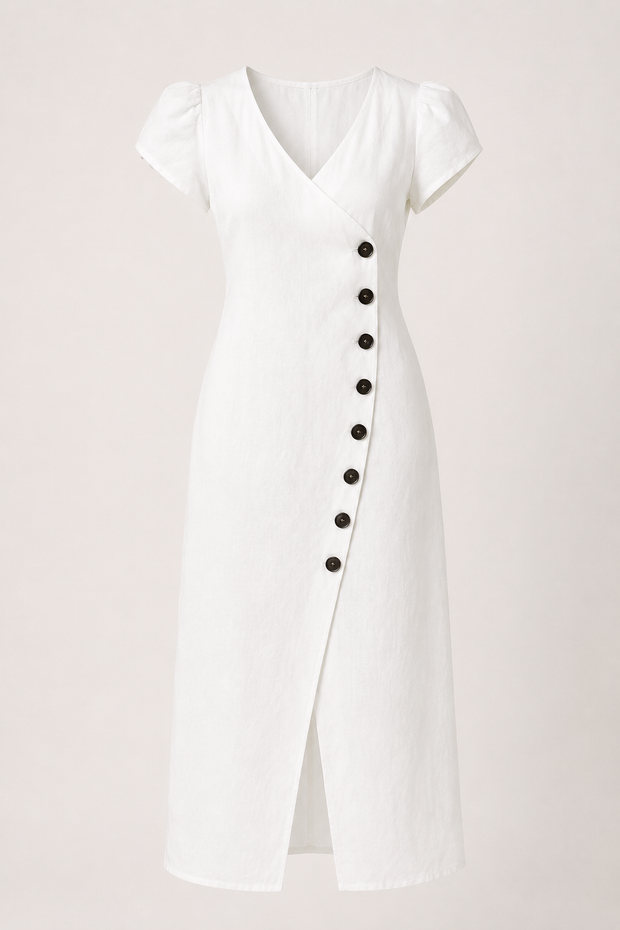 Midi-Kleid für Damen mit V-Ausschnitt und Knöpfen – Gisela