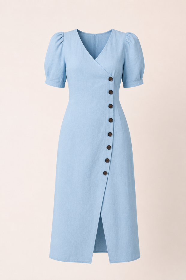 Midi-Kleid für Damen mit V-Ausschnitt und Knöpfen – Gisela