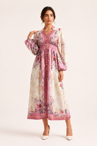 Damen Midikleid mit langen Ärmeln und geblümten Knöpfen - Serena