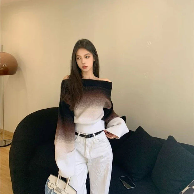 Clarissa - Schulterfreier Gradient Flauschiger Strickpullover