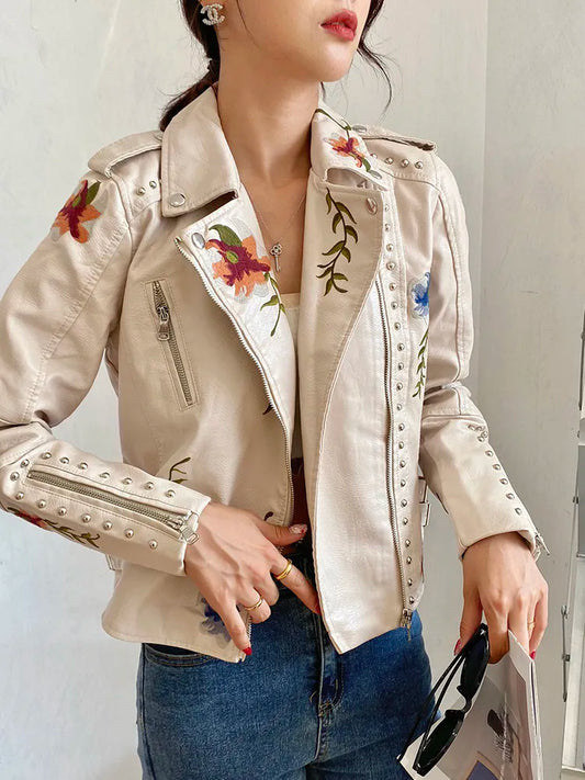 Vintage-Lederjacke mit Blumenmuster