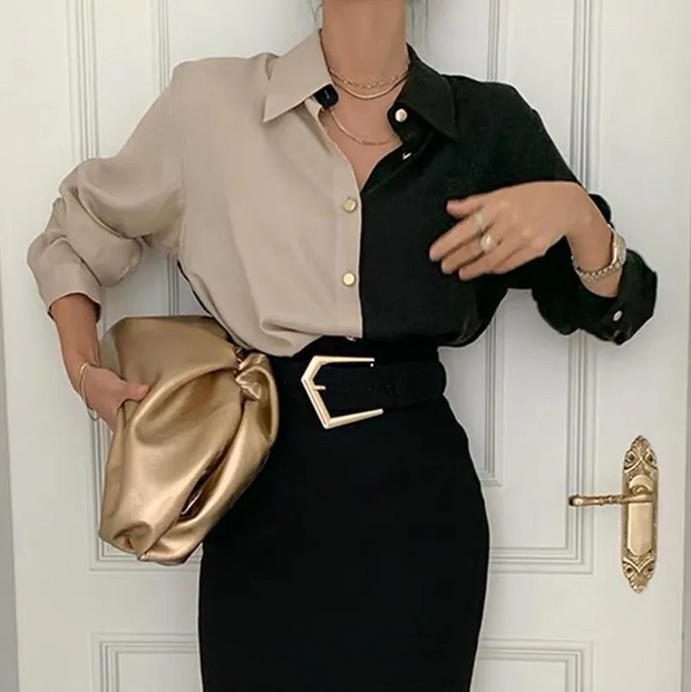 Charlotte Vintage-Langarmbluse Damen – Zweifarbig und Elegant