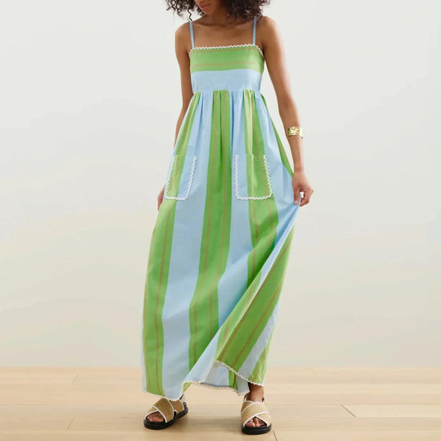 Damen Maxikleid mit dünnen Trägern und gestreiftem Muster - Liora