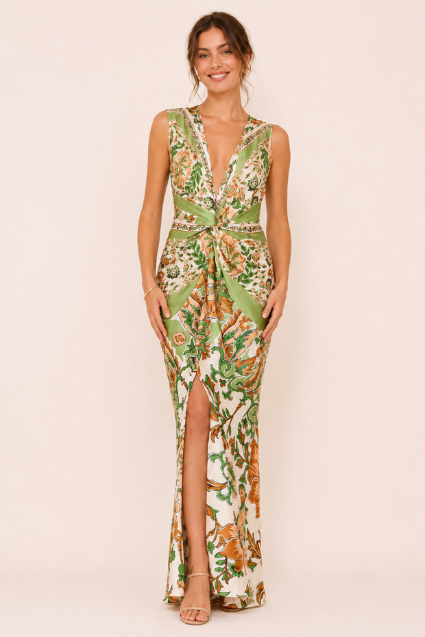 Gemustertes Damenkleid mit V-Ausschnitt und figurbetonter Passform  – Ottilie