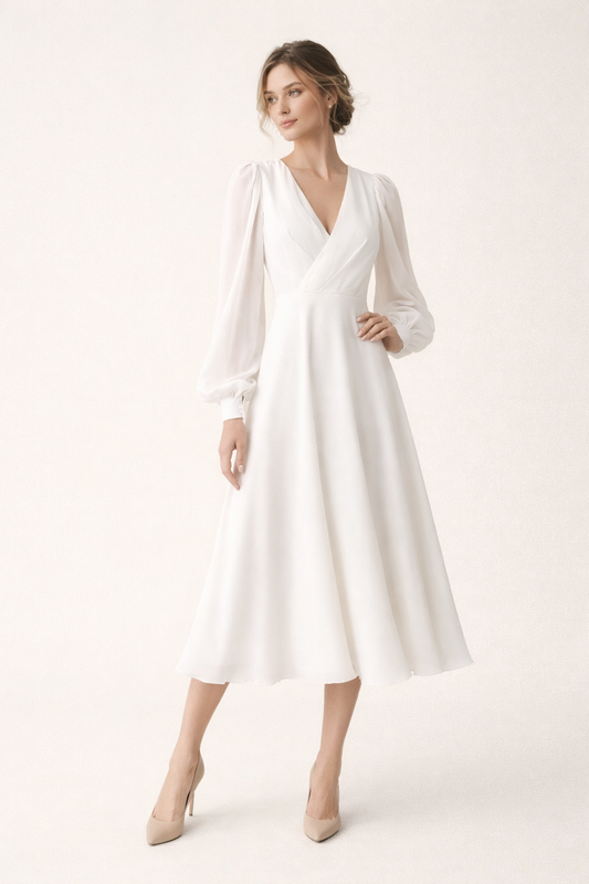 Langes Kleid mit V-Ausschnitt und langen Puffärmeln - Elsa