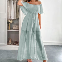 Langes Kleid aus Plumeti-Chiffon mit fließendem Bootsausschnitt - Noelia