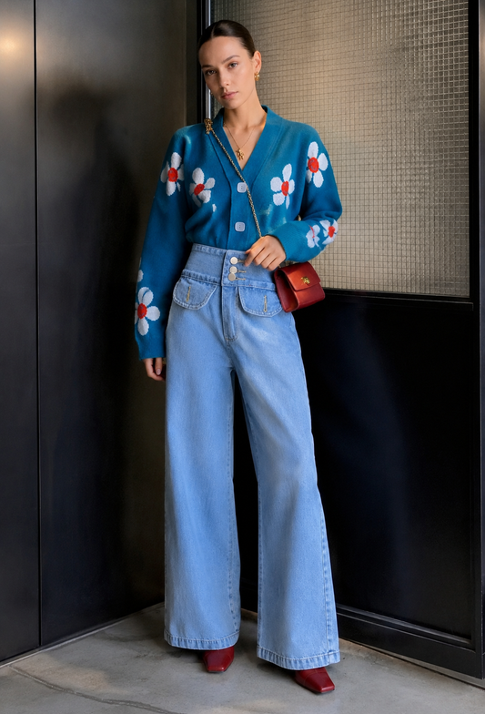 Damen-Strickjacke mit Blumenmuster und V-Ausschnitt – Santera