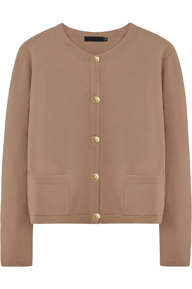 Damen-Strickjacke mit Rundhalsausschnitt, Knöpfen und Taschen – Sorelia