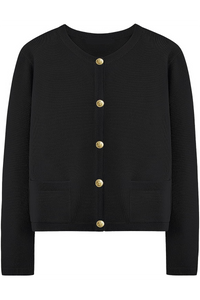 Damen-Strickjacke mit Rundhalsausschnitt, Knöpfen und Taschen – Sorelia